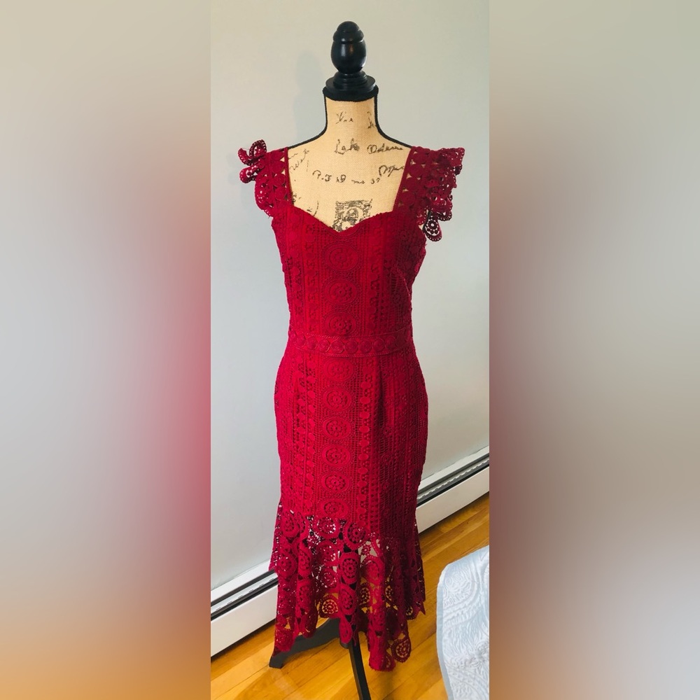 TWO SISTERS THE LABEL MAROON RED LACE MIDI DRESS
